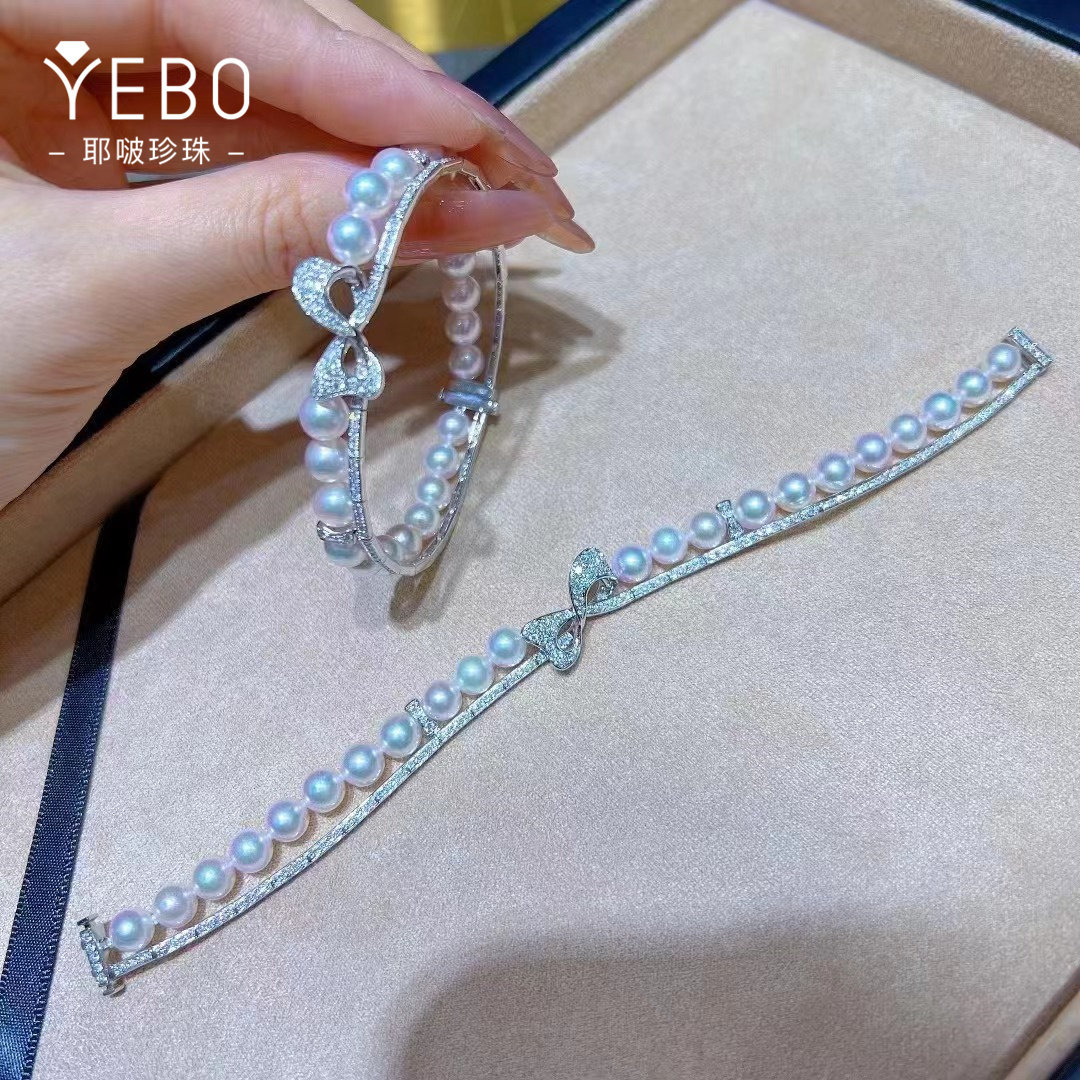 天女品质akoya极光海水珍珠手链6-6.5MM高质量定制款 18K白金钻石