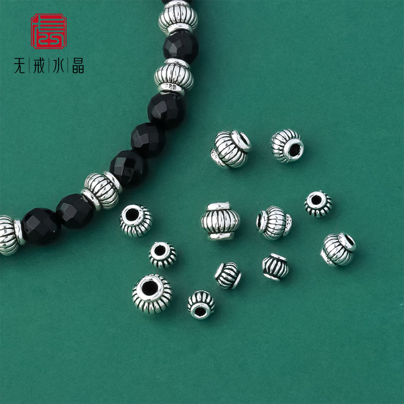 s925纯银复古做旧4mm5mm6mm灯笼珠隔珠diy串珠编绳水晶手链配件
