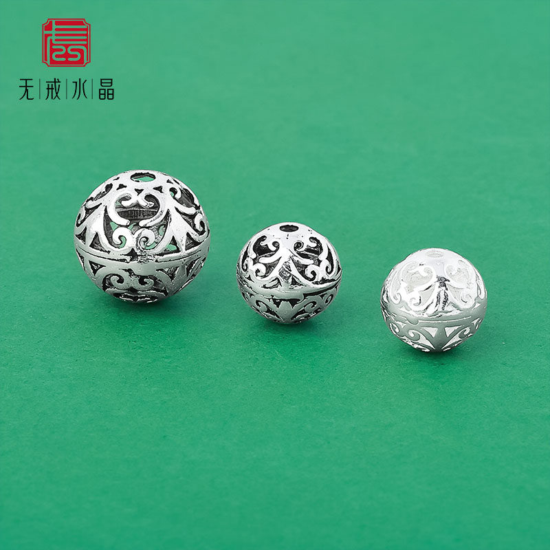 『无戒』S925纯银复古做旧镂空心形圆珠银珠diy水晶手链银饰配件