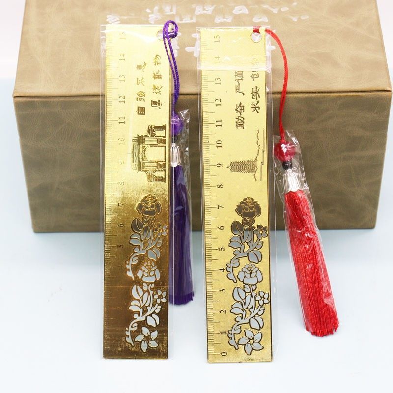 复古尺子书签毕业校庆校徽文创礼品中式金属黄铜镂空书签文具批发