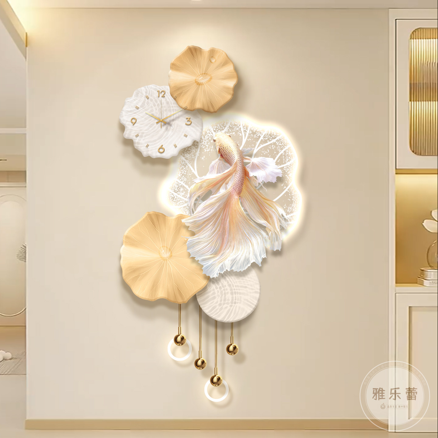 奶油风玄关装饰画入户正对门锦鲤轻奢高级感走廊过道感应挂画壁灯