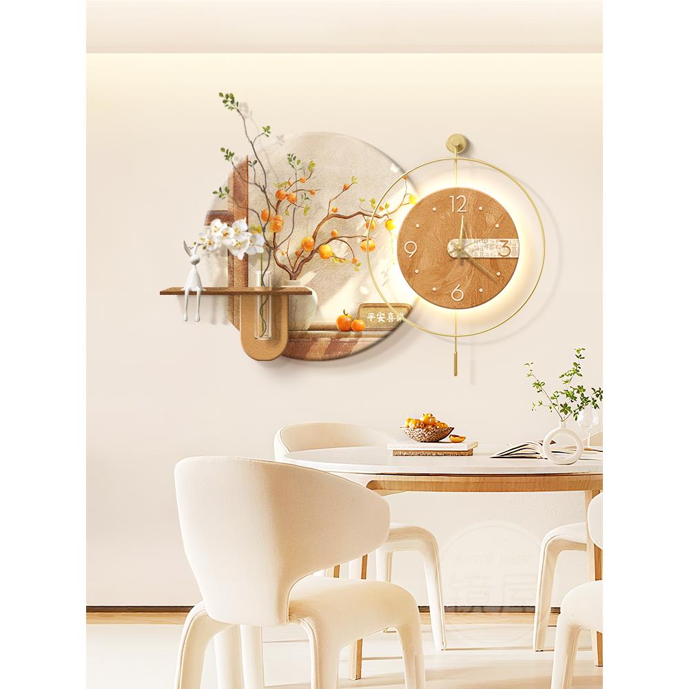 柿如意餐厅装饰画挂钟原木