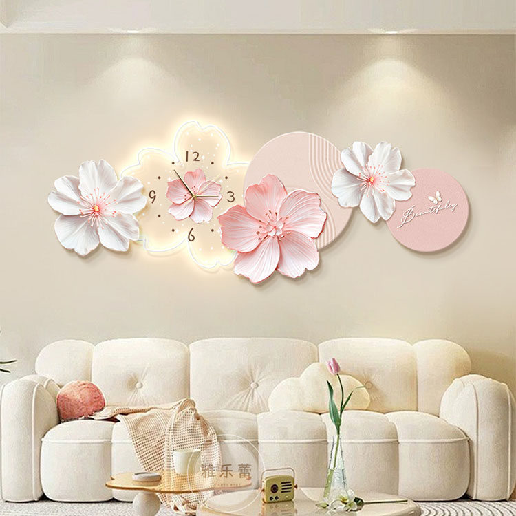 奶油风客厅装饰画带钟表