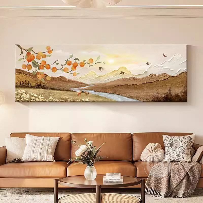柿柿如意客厅装饰画原木奶油风背有靠山水画沙发背景墙壁挂画横版