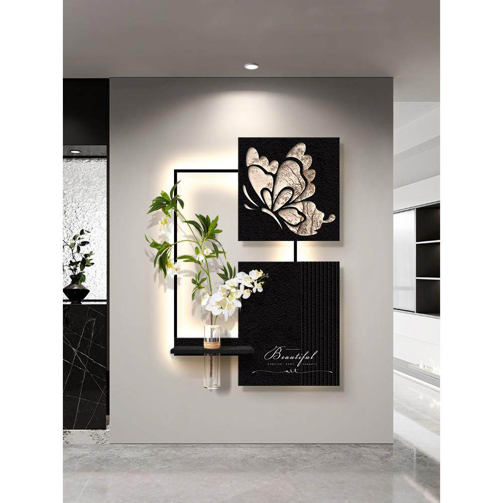 2026新款轻奢玄关感应带灯装饰画水培绿植蝴蝶挂画入户正对门壁画