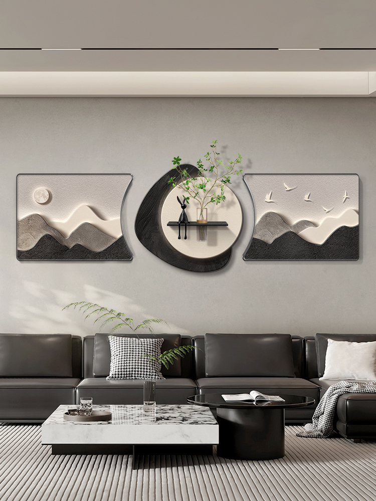 背有靠山客厅装饰画现代简约沙发背景墙挂画高级感水培绿植三联画