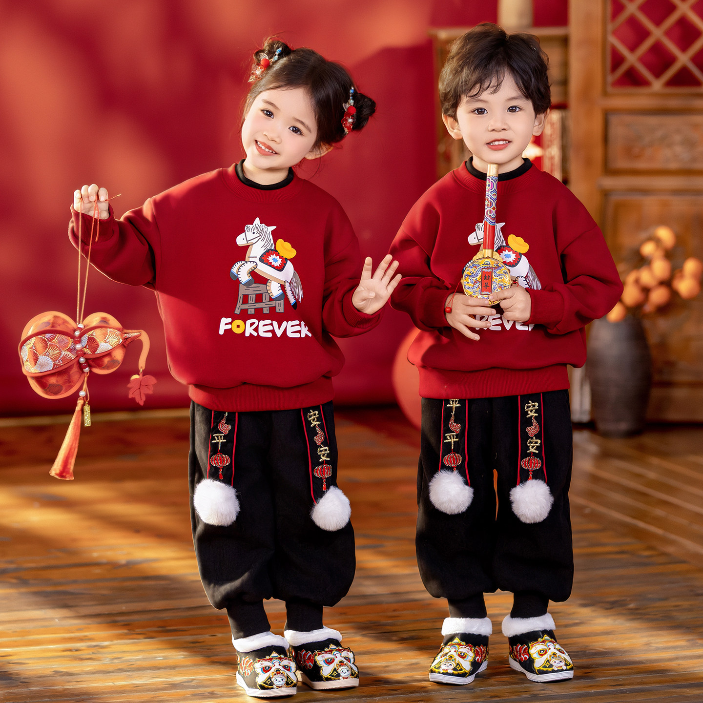 儿童卫衣套装秋冬款宝宝国风红色年衣女童加绒加厚马年新年拜年服,童装/婴儿装/亲子装,唐装,淘宝优惠券,粉丝福利购,淘宝优惠卷