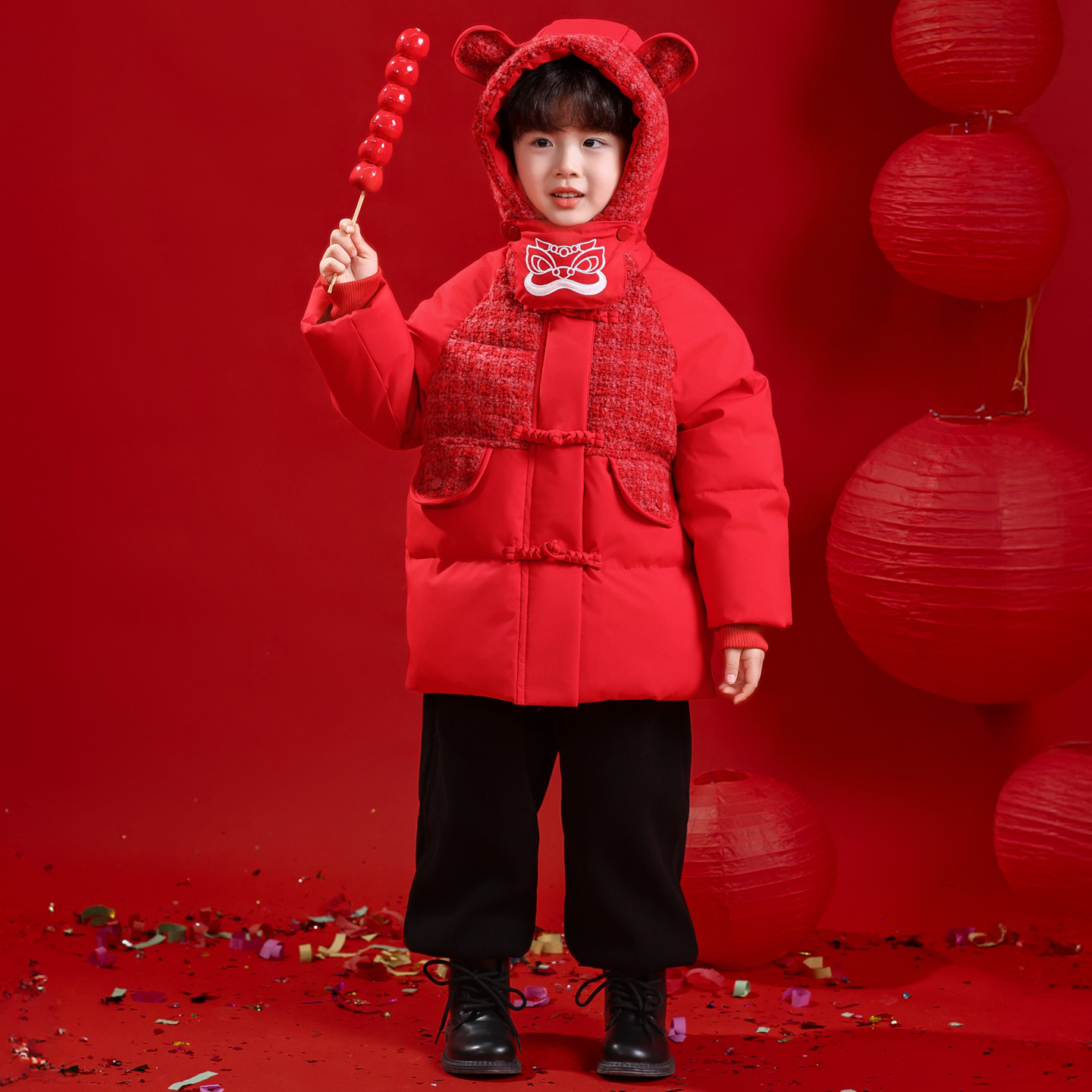 儿童拜年服男童加厚羽绒棉服宝宝过年喜庆衣服男孩新中式红色外套