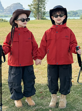 儿童三合一冲锋衣秋冬款女童红色夹棉外套男童加厚三防登山户外服