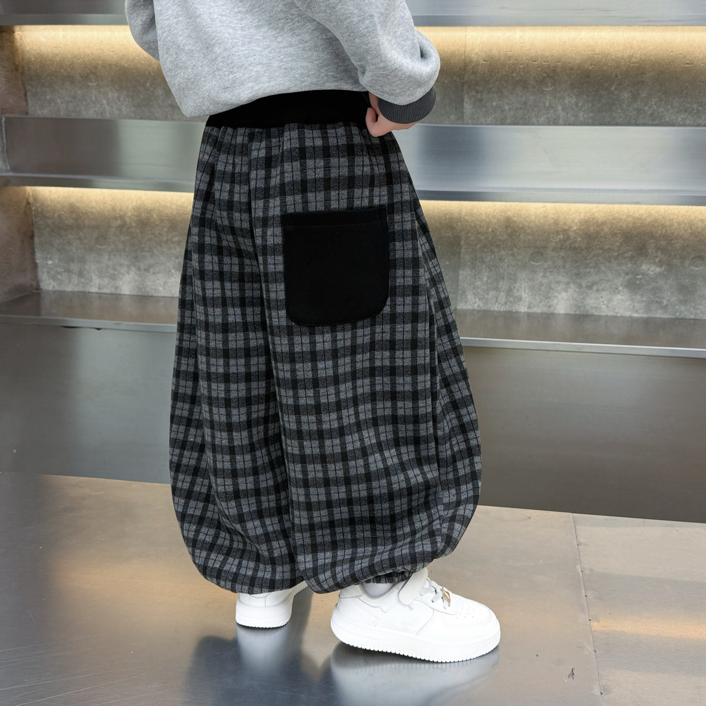 男童格子加绒款秋冬新款儿童休闲长裤宝宝宽松保暖束脚阔腿裤子潮