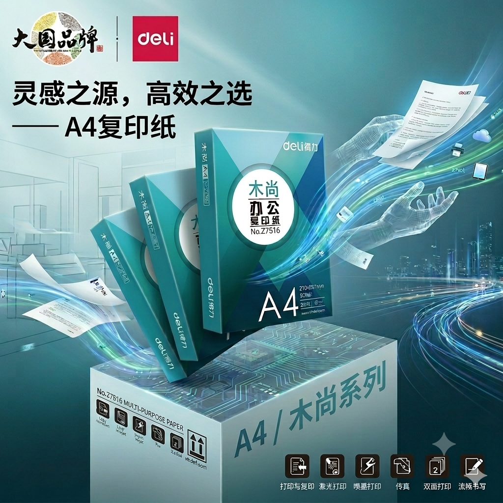 得力木尚加厚A4打印纸白纸75g办公复印纸80g加厚双面试卷纸a4整箱