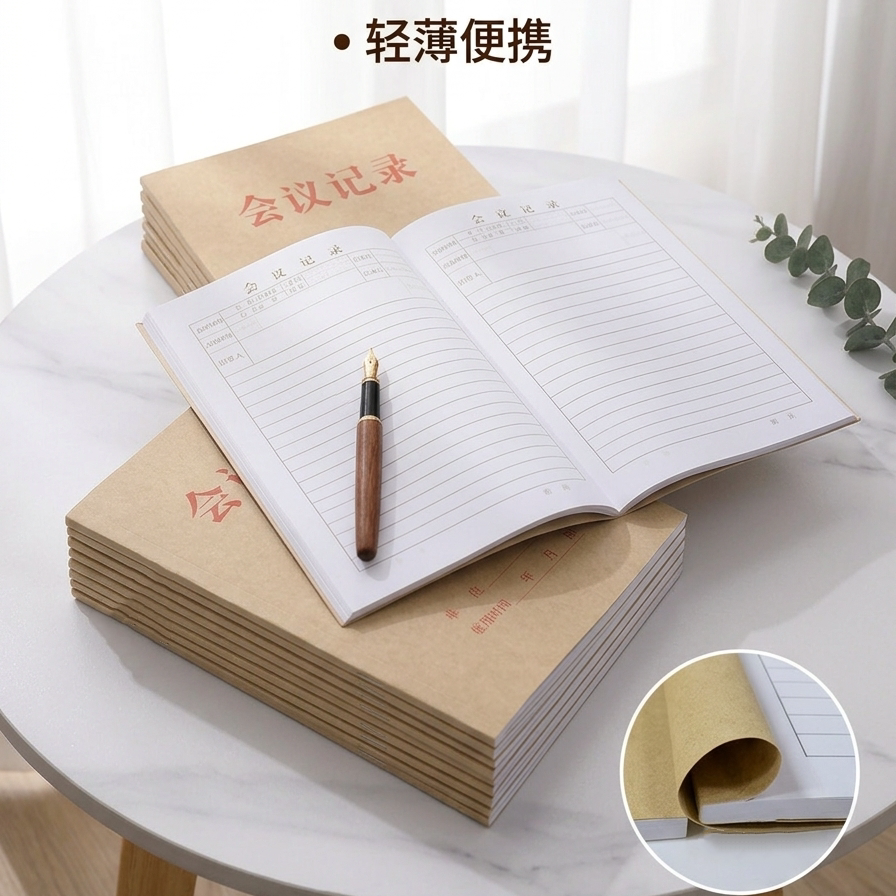会议记录本16K牛皮纸封面记录本侧翻70g双胶纸封面红字会议记录本