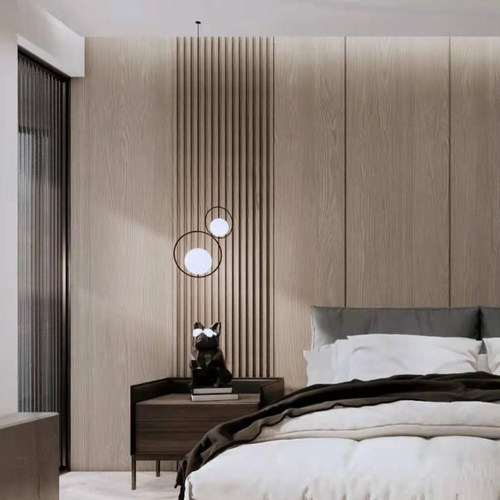 高端客厅定制木饰面 轻奢护墙板原木风格栅电视背景墙 一体隐形门