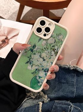 DZ适用苹果15promax手机壳新款iPhone15硅胶14plus绿色13pro全包12防摔11高级感xsmax女款8可爱7油画白色玫瑰