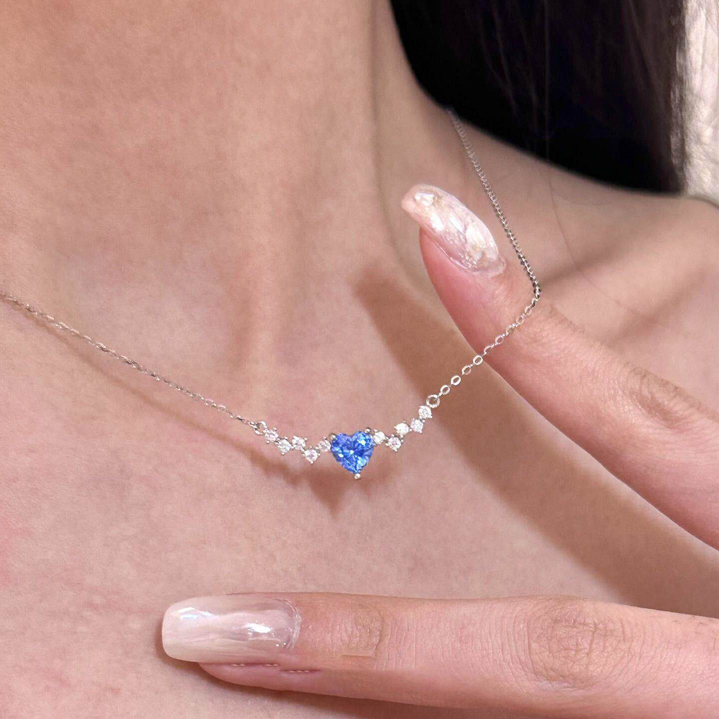 s925纯银蓝色心形项链女款高级感轻奢小众锁骨链精致小巧百搭配饰