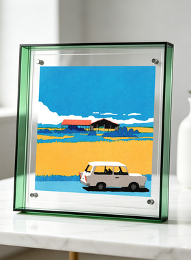 治愈饭田研人插画温馨卧室餐厅亚克力装饰画简约北欧田野风景插画