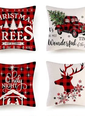 4 Pieces Cotton Linen Printed Pillow Cases Christmas Rustic
