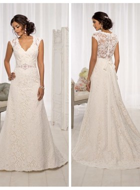 V-Neck A-Line Lace Appliques Wedding Dresses Floor Length Sl