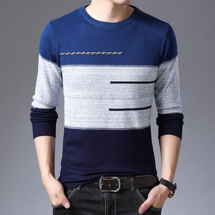 2020 Autumn Winter Pullover Men Round Collar Striped  Cotton
