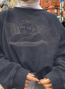 Harajuku Angel Print Hoodie Pullovers Autumn Fall Loose Wome