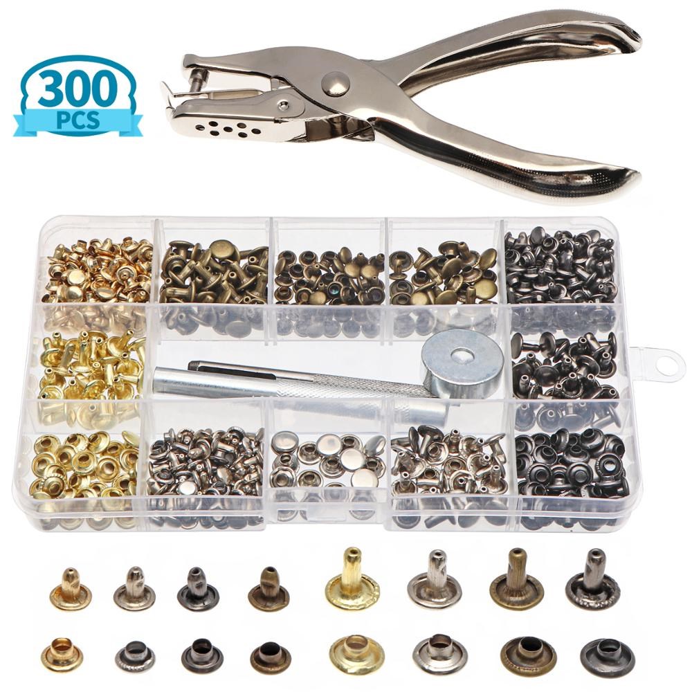 300Pcs Leather Rivets Double Cap Rivet Metal Studs with Punc