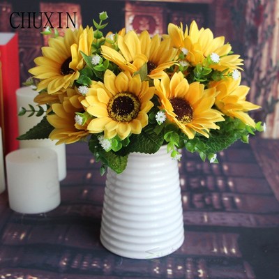 Cute 1 Bunch 7 Heads Sunflower Silk Artificial Flower Bouque