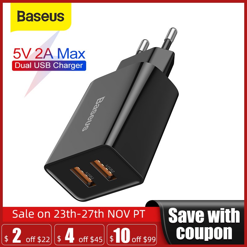 Baseus 5V 2A Max USB Charger EU Dual USB Ports Phone Charger