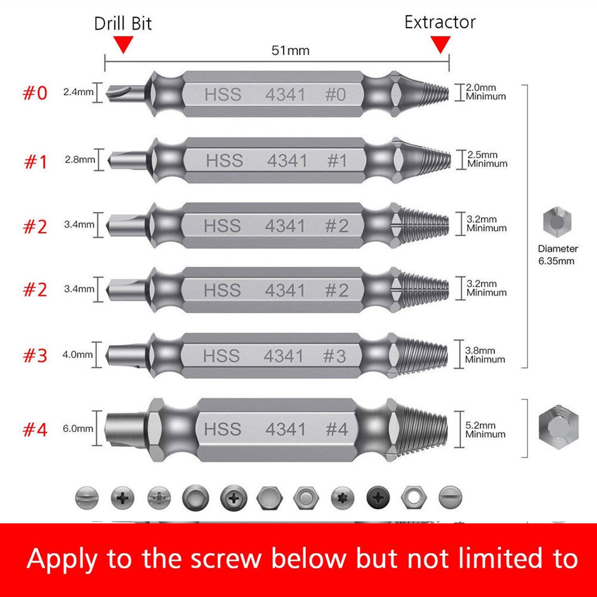 6cps/Set HSS Screw Extractor Damaged Screw Remover Easy Out