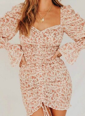 2020 Spring New Women Floral Print Sashes Shirt Dress Beach