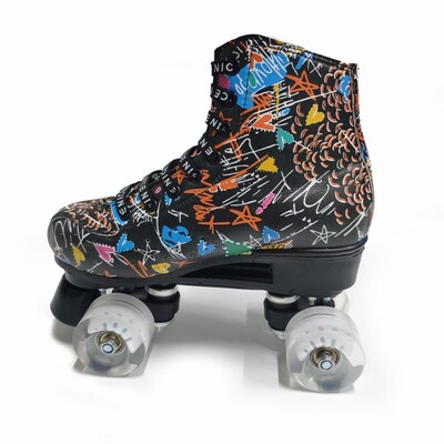Print White Black Microfiber Roller Skates Double Row 4 Whee