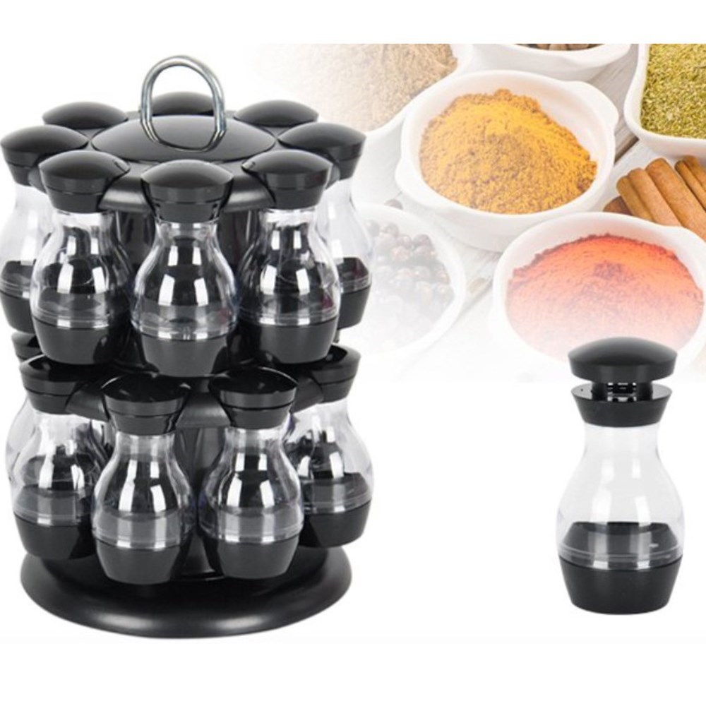 16Pcs Condiment Set 360 Rotating Spice Jar Rack Kitchen Crue