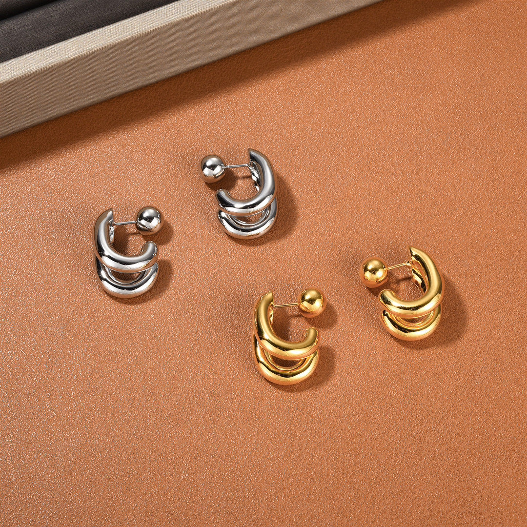 欧美高级感金属光面双层粗C形耳饰耳钉女ins独特个性气质百搭耳环