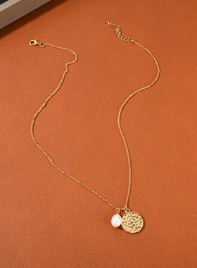 圆牌珍珠吊坠项链颈链轻奢小众男女高级设计感小众简约百搭锁骨链