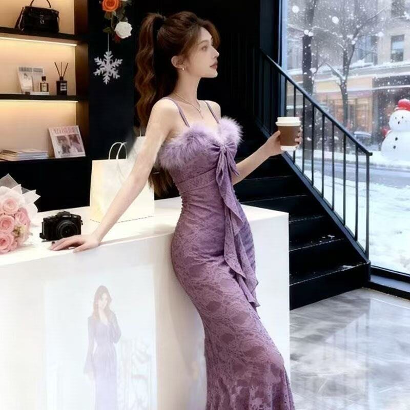 法式紫色绝美蕾丝毛毛拼接荷叶边修身鱼尾裙吊带连衣裙礼服长裙子