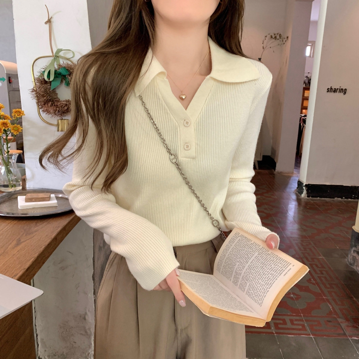 polo领正肩长袖针织衫女2026春秋季新款小个子修身内搭打底上衣女