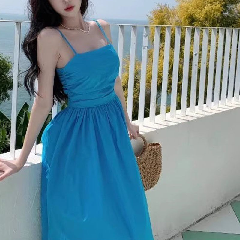 夏季法式碎花吊带沙滩连衣裙女