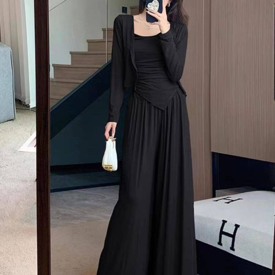 秋季纯色气质套装慵懒风显瘦遮肉开衫吊带休闲无袖长款针织半身裙