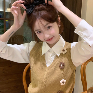 秋冬甜美风拼接长袖套头衬衫假两件针织衫少女花朵马甲小个子上衣