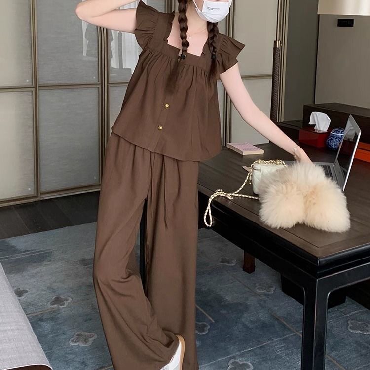 休闲风甜美减龄套装女夏季时尚小个子小飞袖衬衫气质阔腿裤两件套