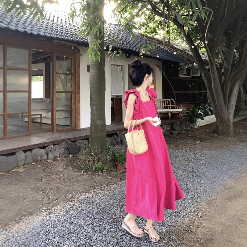 法式方领小飞袖玫红显瘦连衣裙女