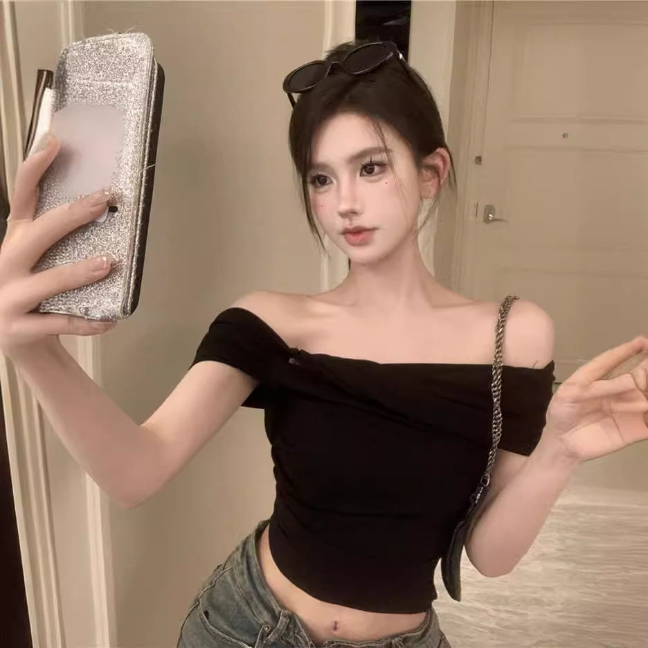 夏季一字肩扭结短袖辣妹T恤女