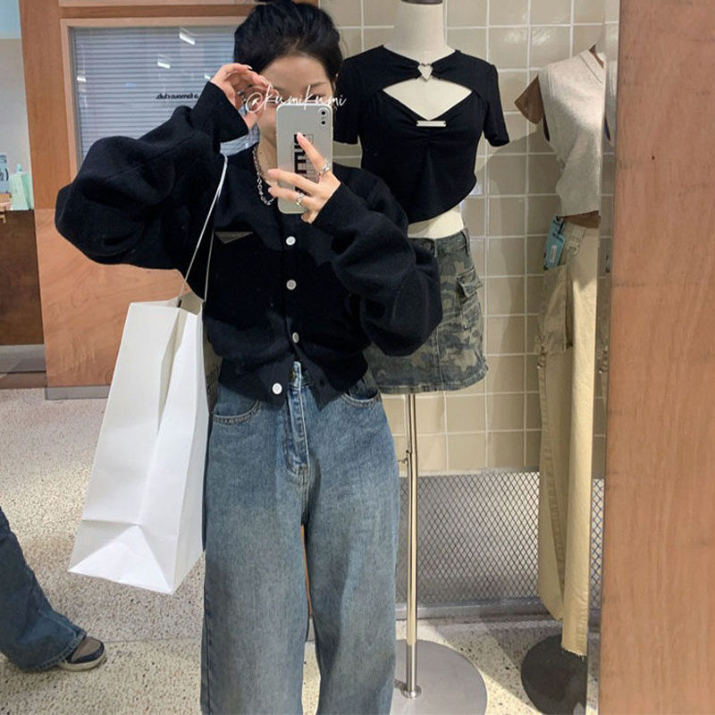 小众黑色内搭针织衫毛衣女春季设计感慵懒风长袖上衣短款开衫外套