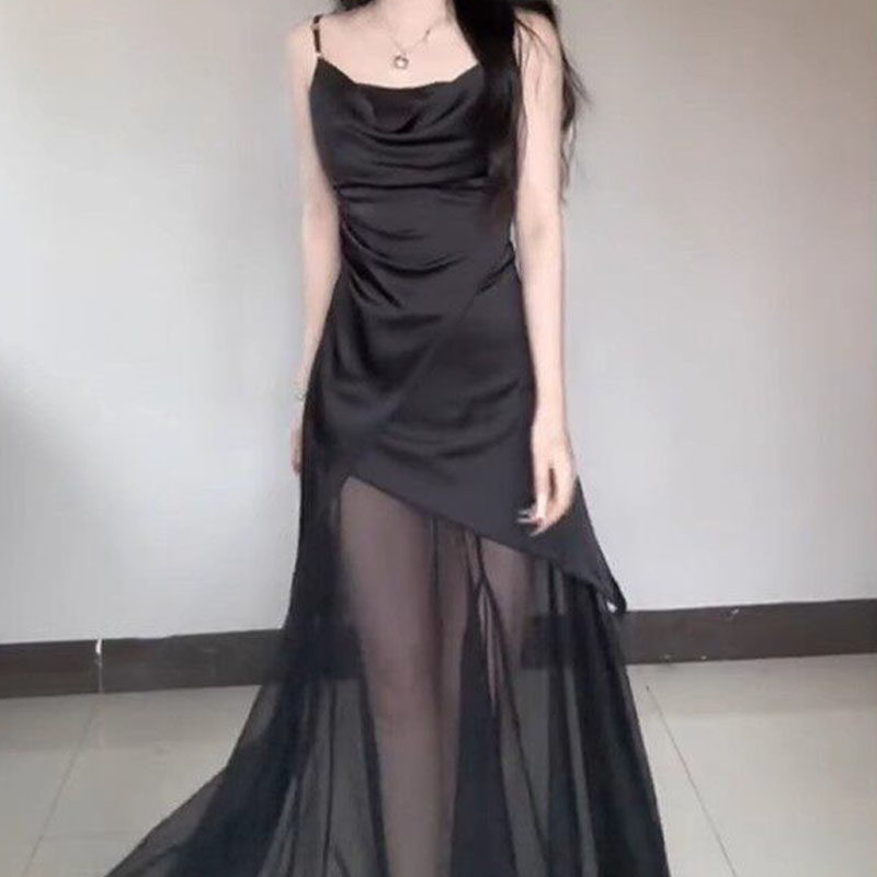 法式网纱黑吊带缎面修身连衣裙女