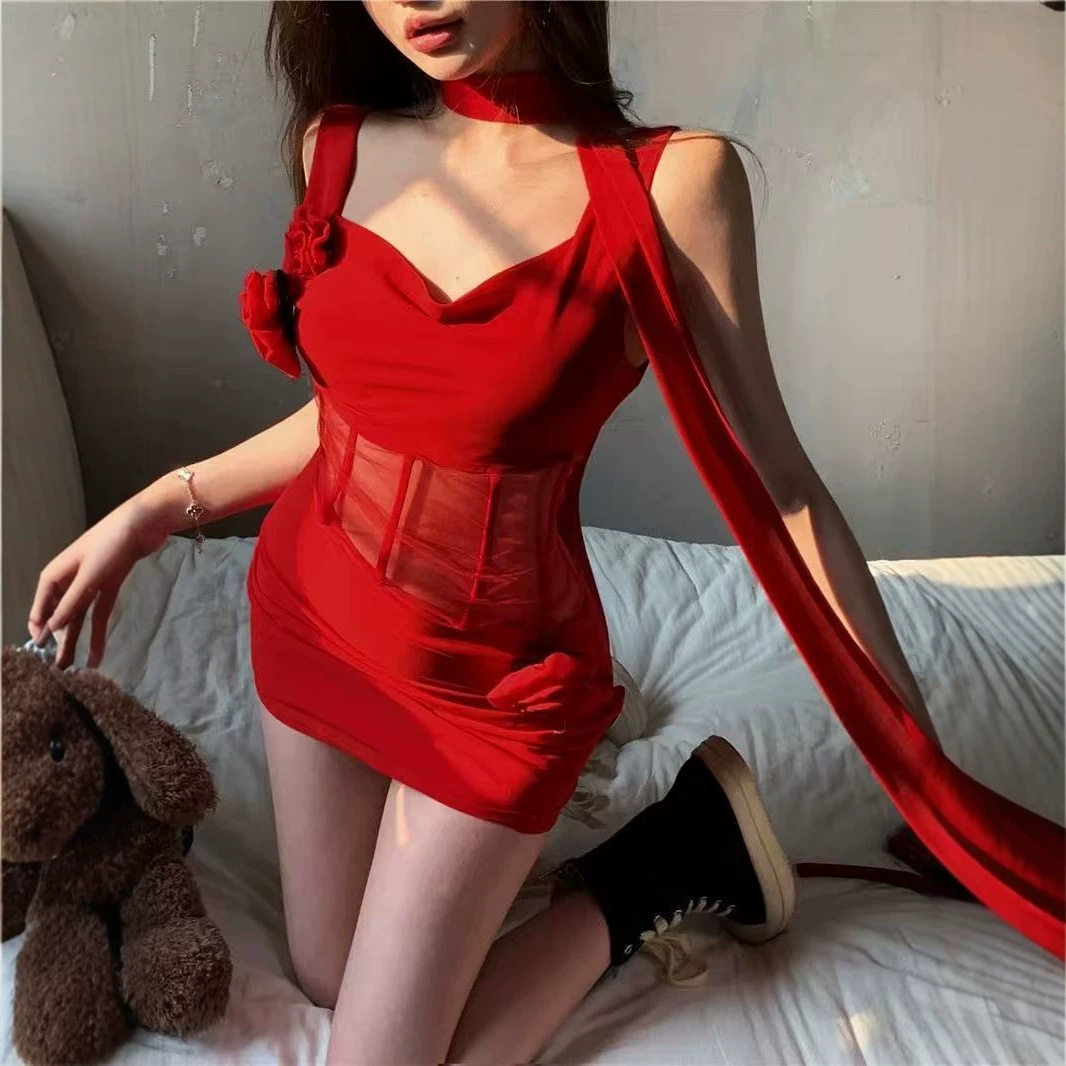 夏季纯欲V领吊带高腰显瘦连衣裙