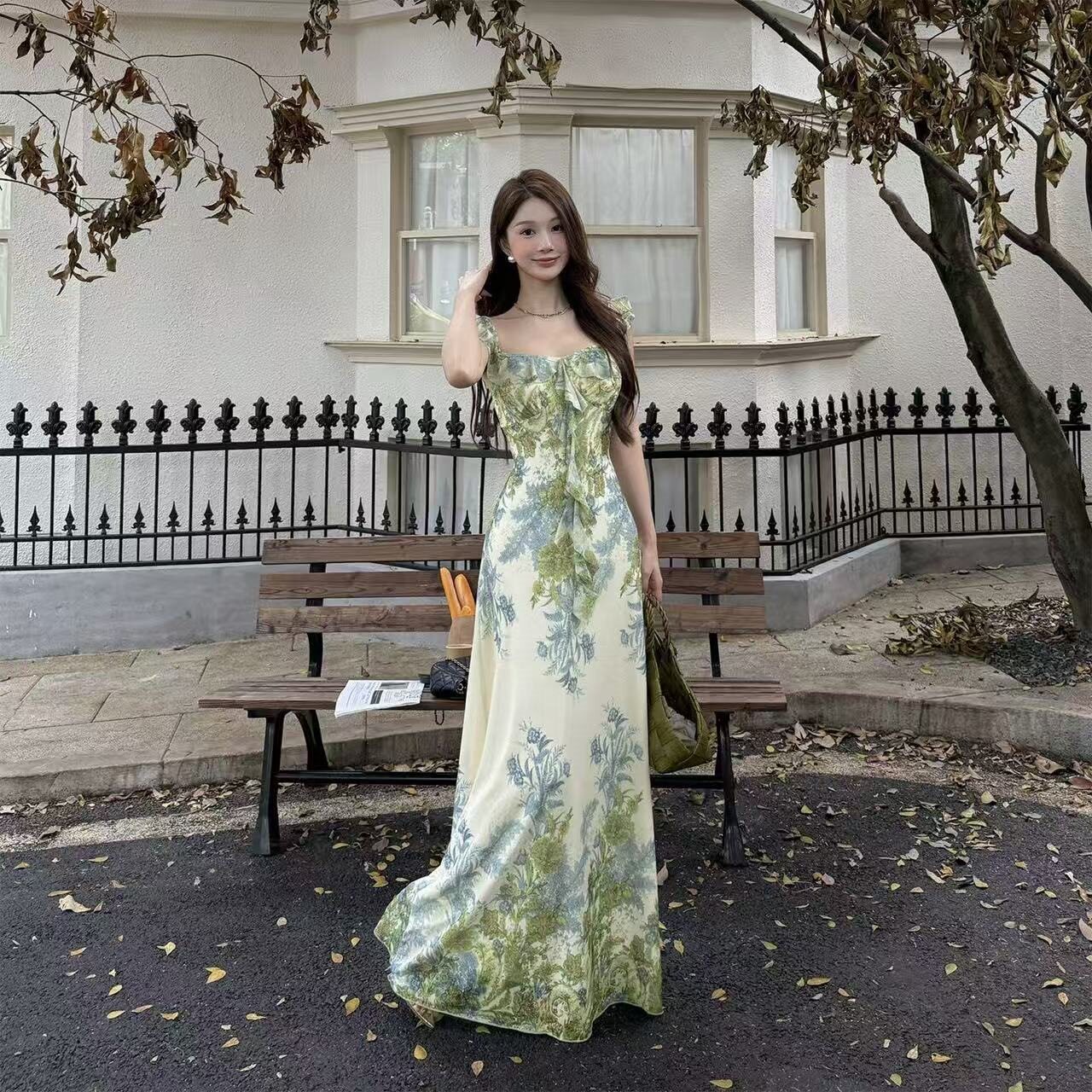 国风莫奈绿花园显腰碎花连衣裙女