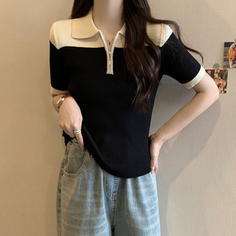 短袖POLO领拼色针织衫女2026夏季新款修身显瘦撞色大码遮肚子上衣