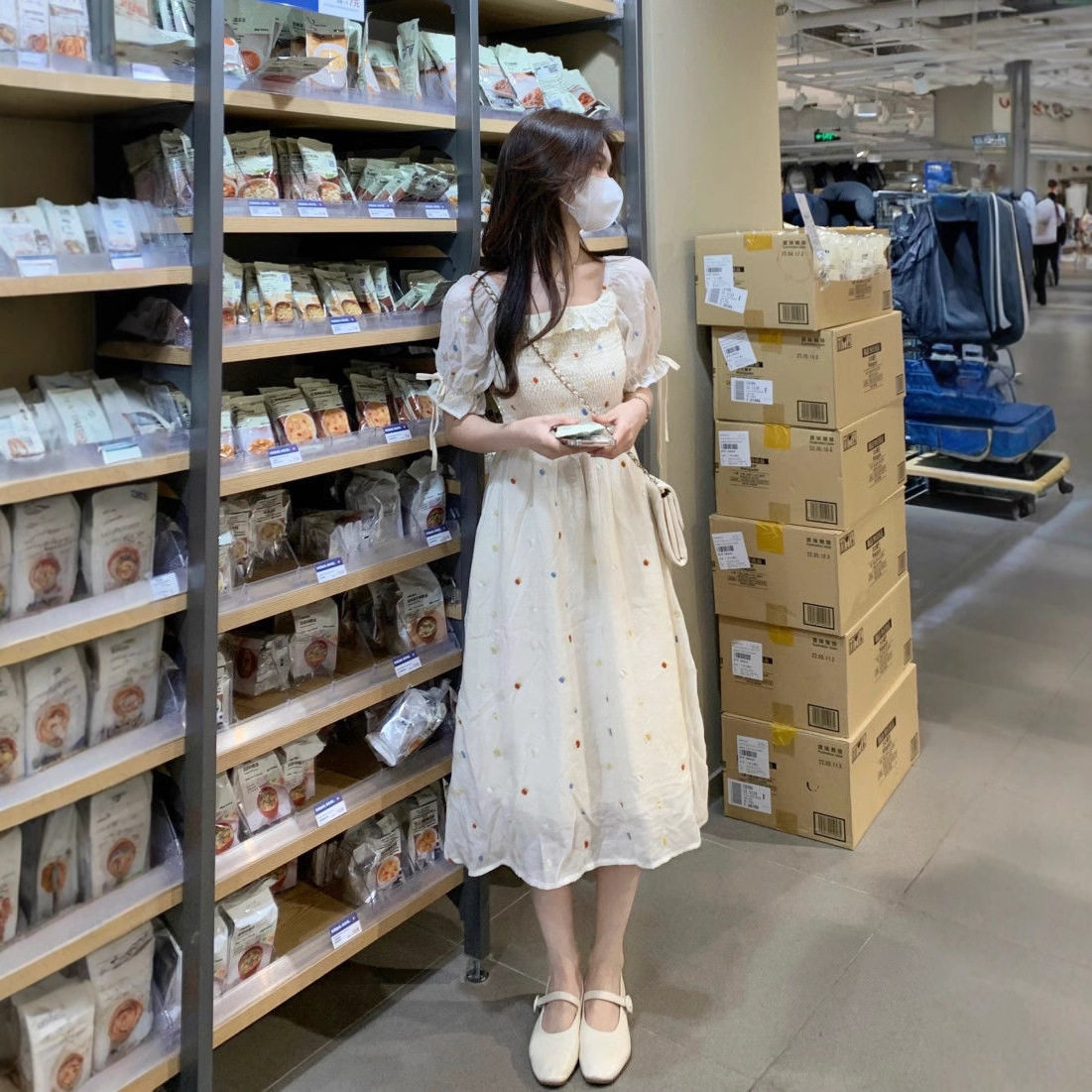 夏季温柔碎花方领显瘦A字连衣裙