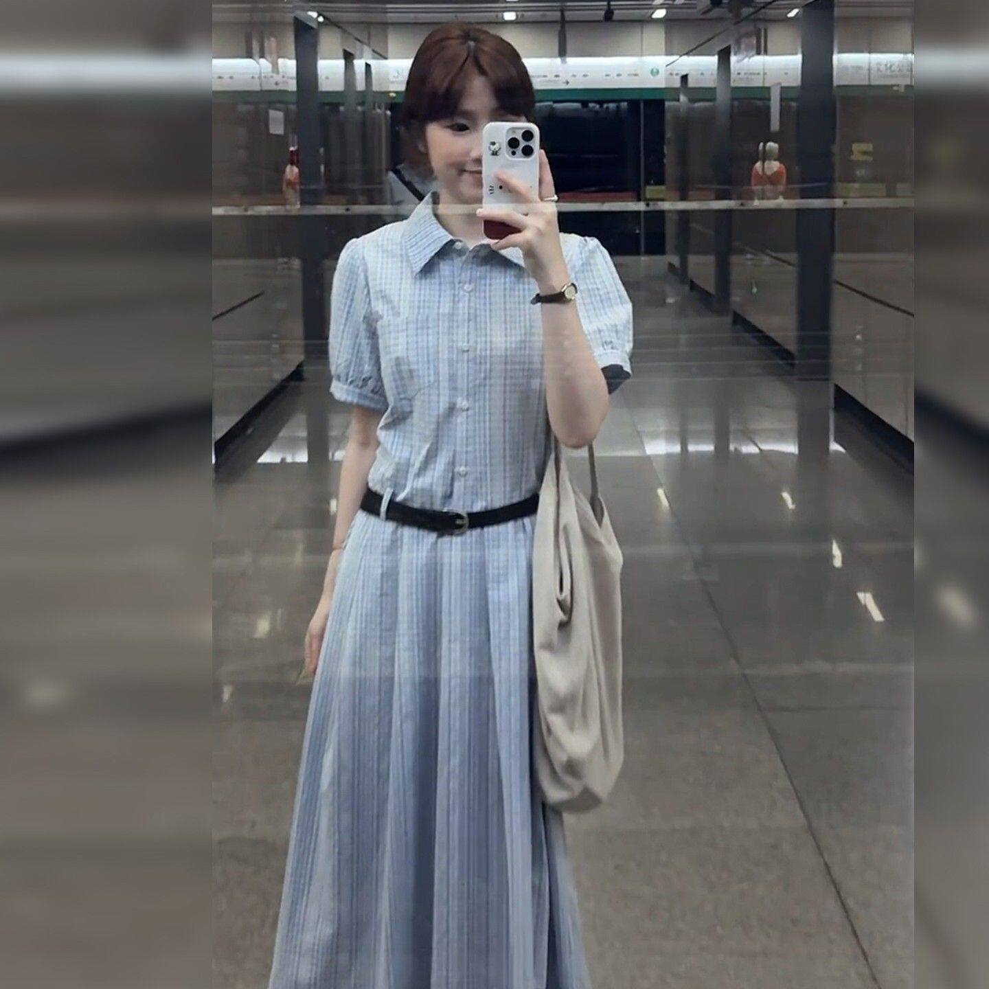 法式蓝条纹翻领显瘦衬衫连衣裙女