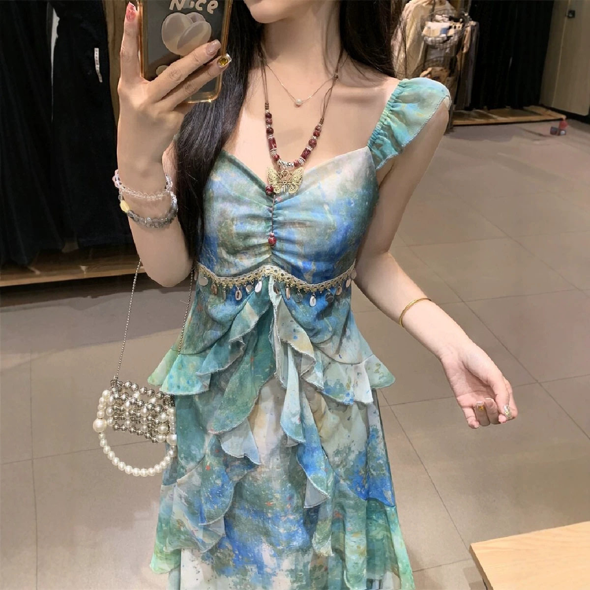 海边度假风吊带修身收腰连衣裙女