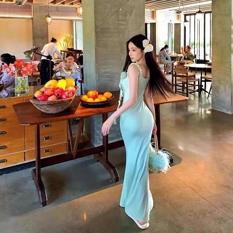 夏季性感薄荷绿吊带鱼尾连衣裙女